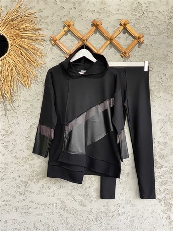 Lazer Kesim Detaylı Kapüşonlu Siyah Sweatshirt