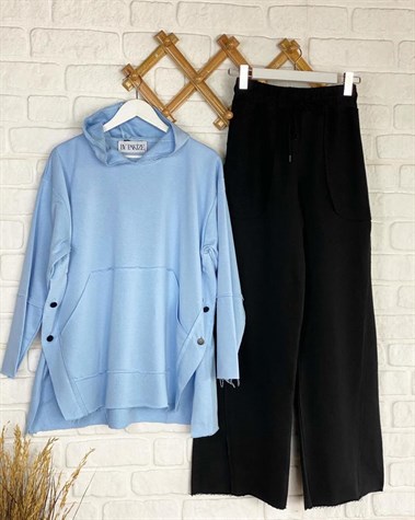 Lazer Kesim Düğme Detaylı Sweat (Mavi)