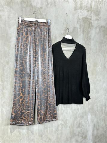 Leopar Desen Bol Paça Lurex Kumaş Pantolon (Kahve)