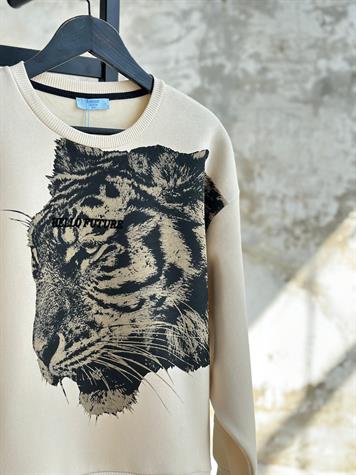 Leopar Desen Kadife Yazı Baskılı Sweat (Bej)