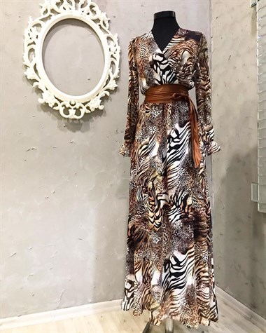 Leopar Desen Kruvaze Yaka Şifon Kumaş Elbise