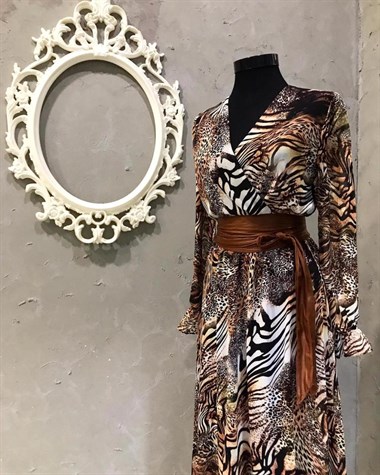 Leopar Desen Kruvaze Yaka Şifon Kumaş Elbise