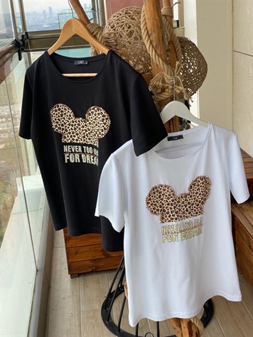 Leopar Desen Üzerine Taş Baskılı Tshirt (SİYAH & BEYAZ)