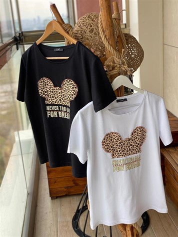 Leopar Desen Üzerine Taş Baskılı Tshirt (SİYAH & BEYAZ)