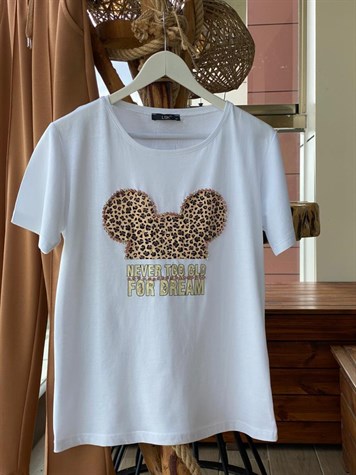 Leopar Desen Üzerine Taş Baskılı Tshirt (SİYAH & BEYAZ)