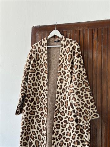 Leopar Desenli Angora Maxsi Boy Hırka (Kahve) 
