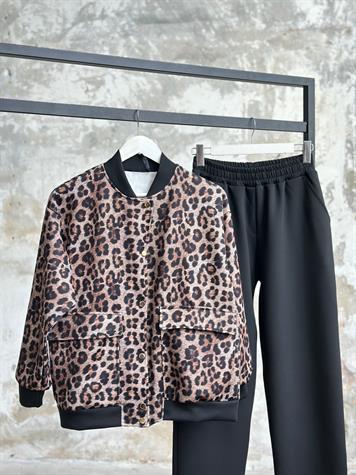 Leopar Desenli Bomber Ceketli Takım (Siyah)