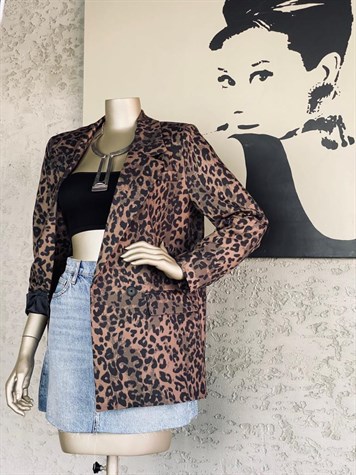 Leopar Desenli Düğmeli Blazer Ceket 