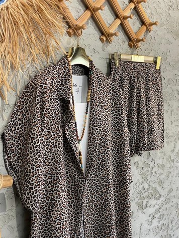Leopar Desenli Kimono Şort Takım 