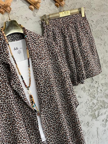 Leopar Desenli Kimono Şort Takım 