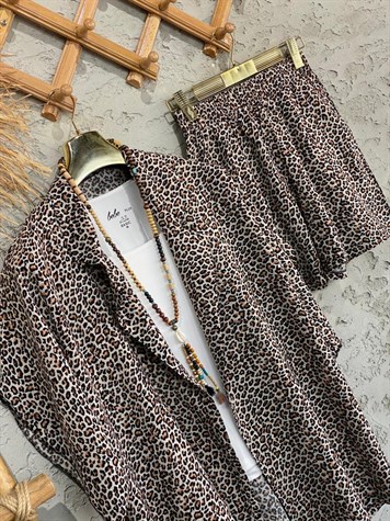 Leopar Desenli Kimono Şort Takım 