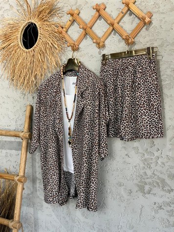Leopar Desenli Kimono Şort Takım 