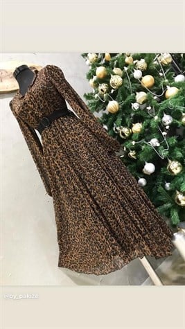 Leopar Desenli Piliseli Midi Boy Elbise