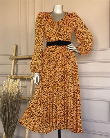 Leopar Desenli Şifon Elbise