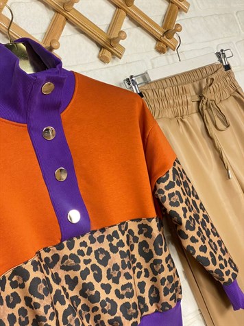 Leopar Desenli Tasarım Sweat (Mor)