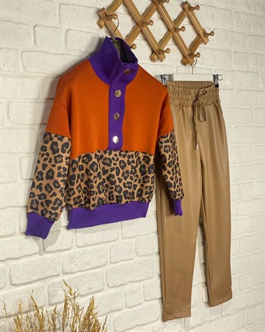 Leopar Desenli Tasarım Sweat (Mor)
