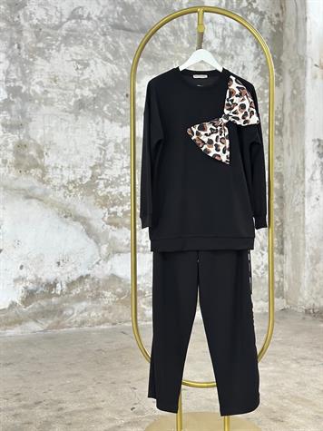 Leopar Fiyonk Detaylı Kadın Takım (Siyah)