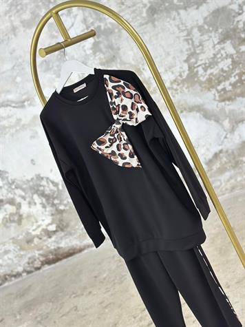 Leopar Fiyonk Detaylı Kadın Takım (Siyah)