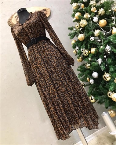 Leopar Şifon Kumaş Piliseli Elbise