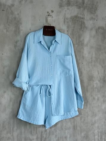 Lüks Kaliteli Müslin Kumaş Oversize Gömlekli Takım (Bebe Mavisi)