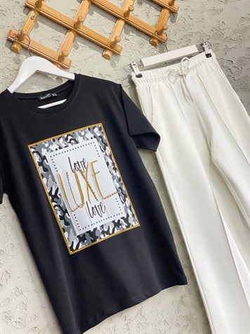 Luxe Yazı Detaylı İşlemeli Tshirt (Siyah)