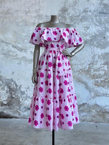 Madonna Yaka Poplin Kumaş Papatya Desenli Elbise (Pembe)