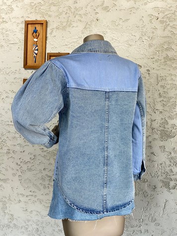 Mavi Cep Ve Şerit Detay Tasarım Denim Gömlek Ceket