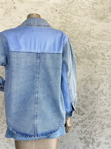 Mavi Cep Ve Şerit Detay Tasarım Denim Gömlek Ceket