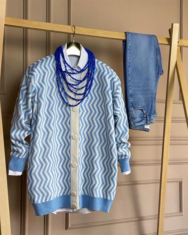Mavi Zigzag Desenli Hırka