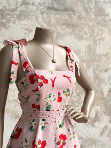 Mevsim Tazelikleri Tasarım Omuz Bağlama Detaylı Elbise (Pembe)