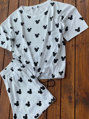 Mickey Baskılı Şortlu Takım (Beyaz)
