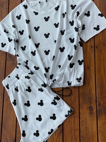 Mickey Baskılı Şortlu Takım (Beyaz)