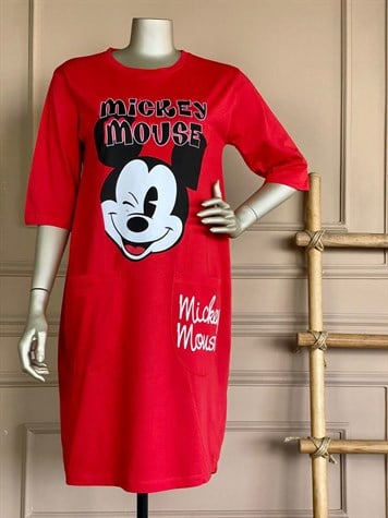 Mickey Baskılı Tunik Elbise (Kırmızı)