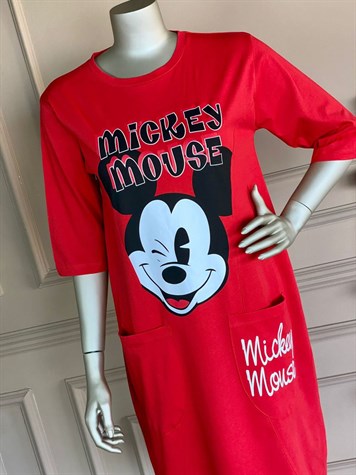 Mickey Baskılı Tunik Elbise (Kırmızı)