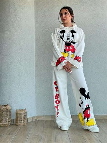 Mickey Baskılı Yazı Detaylı Takım (Beyaz)