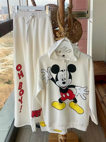 Mickey Baskılı Yazı Detaylı Takım (Beyaz)