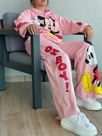 Mickey Baskılı Yazı Detaylı Takım (Pembe)