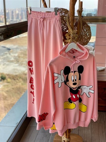 Mickey Baskılı Yazı Detaylı Takım (Pembe)