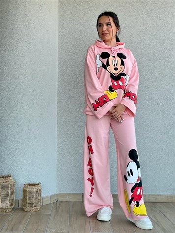 Mickey Baskılı Yazı Detaylı Takım (Pembe)