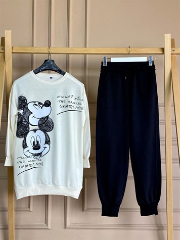Mickey Baskılı Yazı Detaylı Tunik Sweat (Beyaz)