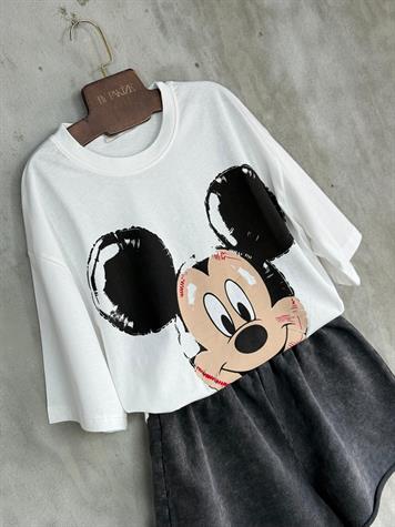 Mickey Mause Baskılı Oversize Tişört (Beyaz)
