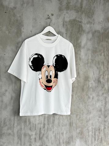 Mickey Mause Baskılı Oversize Tişört (Beyaz)