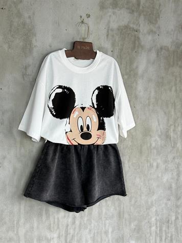 Mickey Mause Baskılı Oversize Tişört (Beyaz)