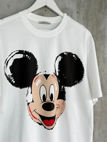 Mickey Mause Baskılı Oversize Tişört (Beyaz)