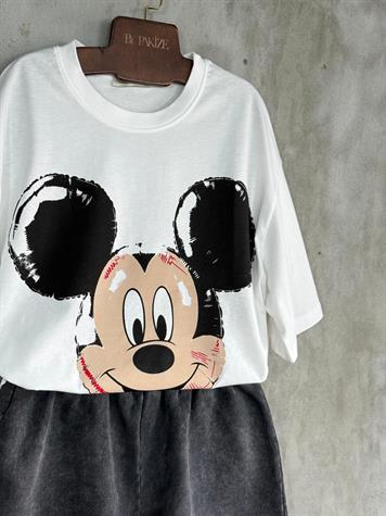 Mickey Mause Baskılı Oversize Tişört (Beyaz)