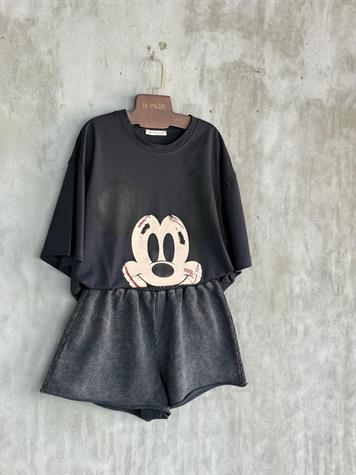 Mickey Mause Baskılı Oversize Tişört (Siyah)