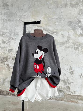 Mickey Mouse Baskılı Oversize Kazak (Antrasit)