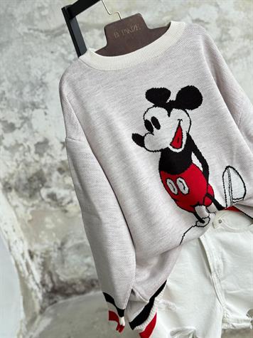 Mickey Mouse Baskılı Oversize Kazak (Ekru)