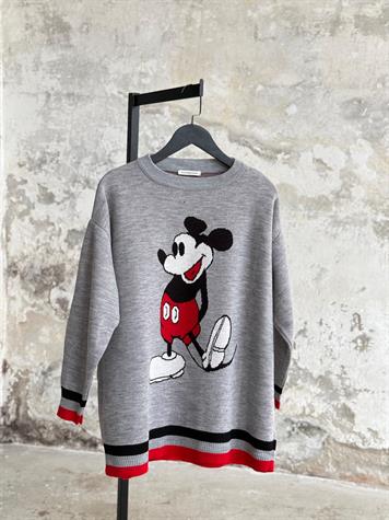 Mickey Mouse Baskılı Oversize Kazak (Gri)