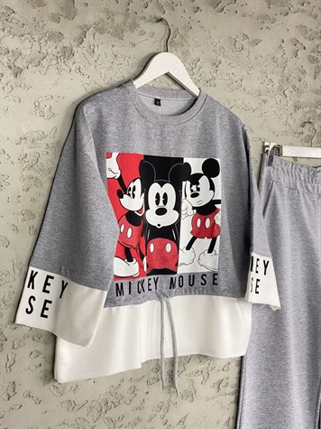 Mickey Mouse Bel Büzgülü Takım (Gri)